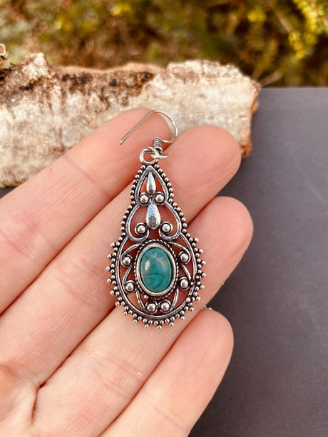 Ethnic Turquoise Silver Drop Dangle earrings / Birth Stone / Ethnic / rustic, yoga, hippie, gypsy, pretty, psy, boho, bohemian, festival
