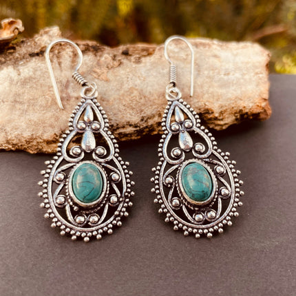 Ethnic Turquoise Silver Drop Dangle earrings / Birth Stone / Ethnic / rustic, yoga, hippie, gypsy, pretty, psy, boho, bohemian, festival