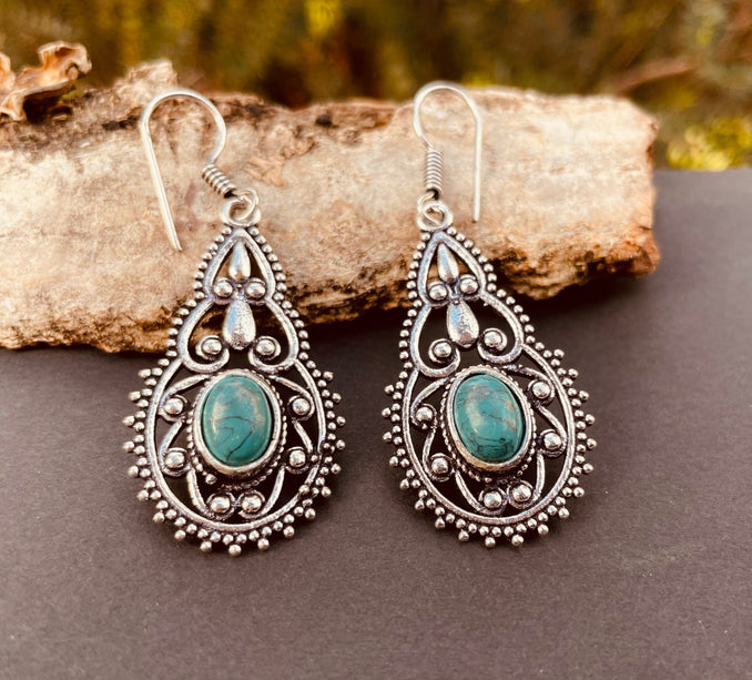 Ethnic Turquoise Silver Drop Dangle earrings / Birth Stone / Ethnic / rustic, yoga, hippie, gypsy, pretty, psy, boho, bohemian, festival