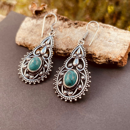 Ethnic Turquoise Silver Drop Dangle earrings / Birth Stone / Ethnic / rustic, yoga, hippie, gypsy, pretty, psy, boho, bohemian, festival