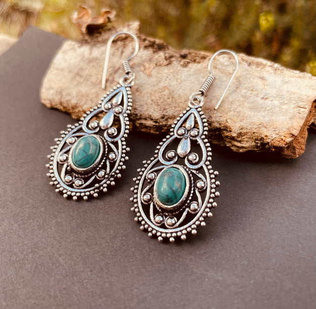 Ethnic Turquoise Silver Drop Dangle earrings / Birth Stone / Ethnic / rustic, yoga, hippie, gypsy, pretty, psy, boho, bohemian, festival