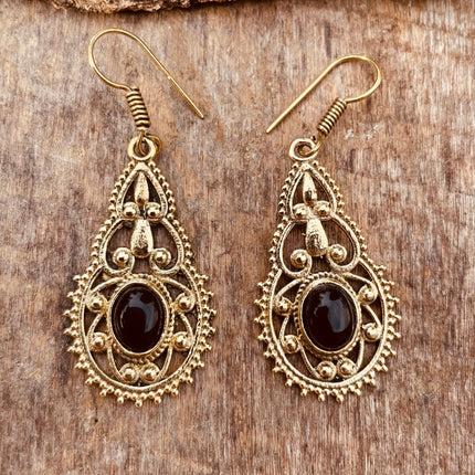 Black Onyx earrings Brass Drop Dangle earrings / Birth Stone / Ethnic / rustic, yoga, hippie, gypsy, pretty, psy, boho, bohemian, festival