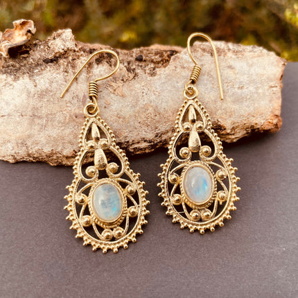 Moonstone Earrings Brass Drop Dangle earrings / Birth Stone / Ethnic / rustic, yoga, hippie, gypsy, pretty, psy, boho, bohemian, festival