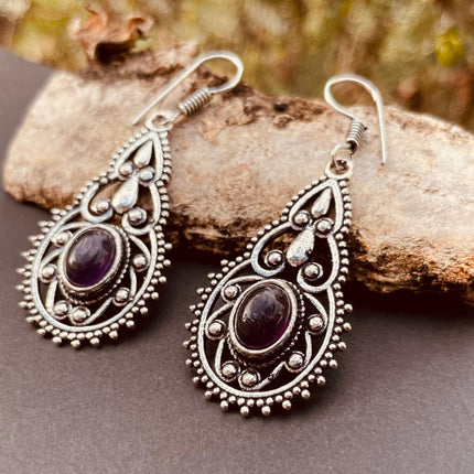 Silver Amethyst Dangle pendant earrings Ethnic, rustic, yoga, hippie, gypsy, pretty, psy, boho, bohemian, festival