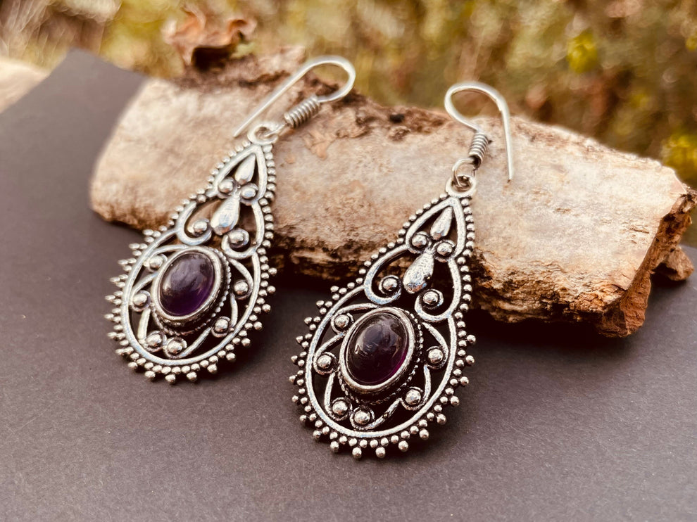 Silver Amethyst Dangle pendant earrings Ethnic, rustic, yoga, hippie, gypsy, pretty, psy, boho, bohemian, festival