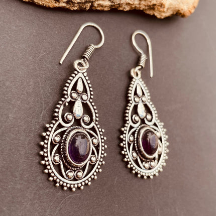 Silver Amethyst Dangle pendant earrings Ethnic, rustic, yoga, hippie, gypsy, pretty, psy, boho, bohemian, festival