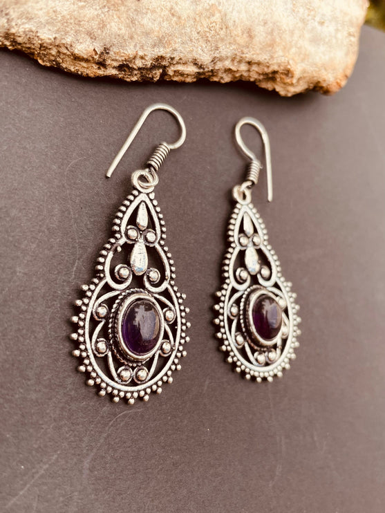 Silver Amethyst Dangle pendant earrings Ethnic, rustic, yoga, hippie, gypsy, pretty, psy, boho, bohemian, festival