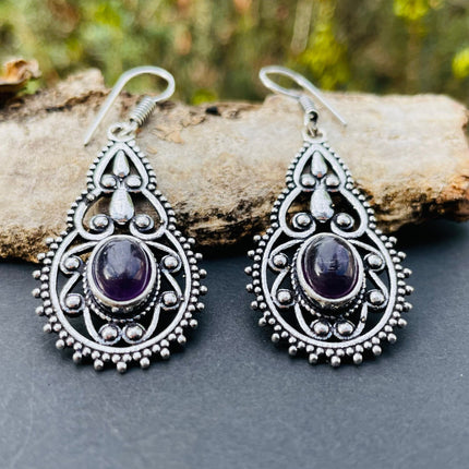 Silver Amethyst Dangle pendant earrings Ethnic, rustic, yoga, hippie, gypsy, pretty, psy, boho, bohemian, festival