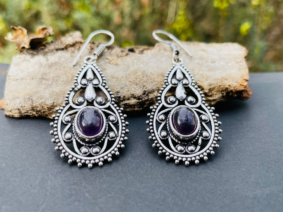 Silver Amethyst Dangle pendant earrings Ethnic, rustic, yoga, hippie, gypsy, pretty, psy, boho, bohemian, festival