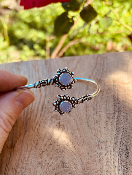 Rose Quartz Bracelet Boho Silver Bangle / Ethnic / Rustic / Bohemian / Hippie / Gypsy / Psy / Adjustable