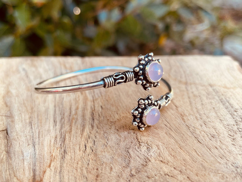 Rose Quartz Bracelet Boho Silver Bangle / Ethnic / Rustic / Bohemian / Hippie / Gypsy / Psy / Adjustable