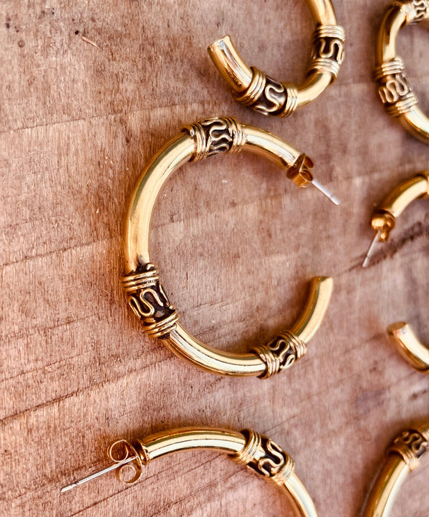 Gold Tribal Hoop Earrings / Brass / Ethnic / Rustic / Bohemian / Gold / Gypsy / Spiral / Hippie / Chunky / Festival / style