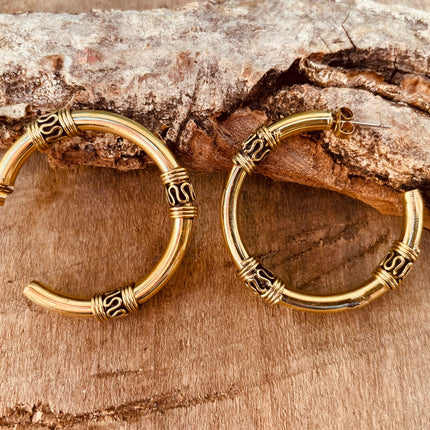 Gold Tribal Hoop Earrings / Brass / Ethnic / Rustic / Bohemian / Gold / Gypsy / Spiral / Hippie / Chunky / Festival / style