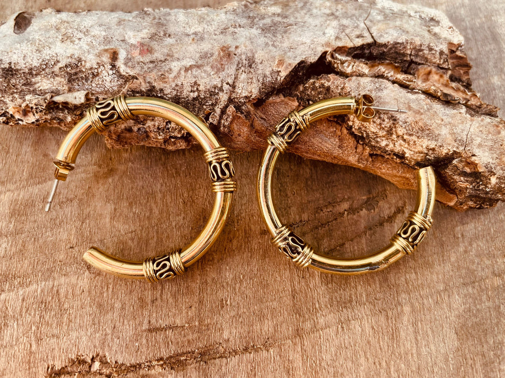 Gold Tribal Hoop Earrings / Brass / Ethnic / Rustic / Bohemian / Gold / Gypsy / Spiral / Hippie / Chunky / Festival / style