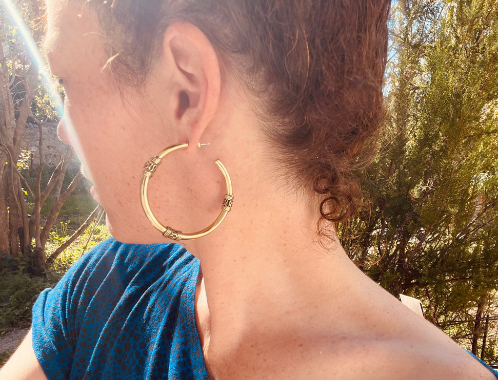 Gold Tribal Hoop Earrings / Brass / Ethnic / Rustic / Bohemian / Gold / Gypsy / Spiral / Hippie / Chunky / Festival / style