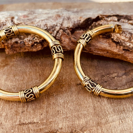 Gold Tribal Hoop Earrings / Brass / Ethnic / Rustic / Bohemian / Gold / Gypsy / Spiral / Hippie / Chunky / Festival / style