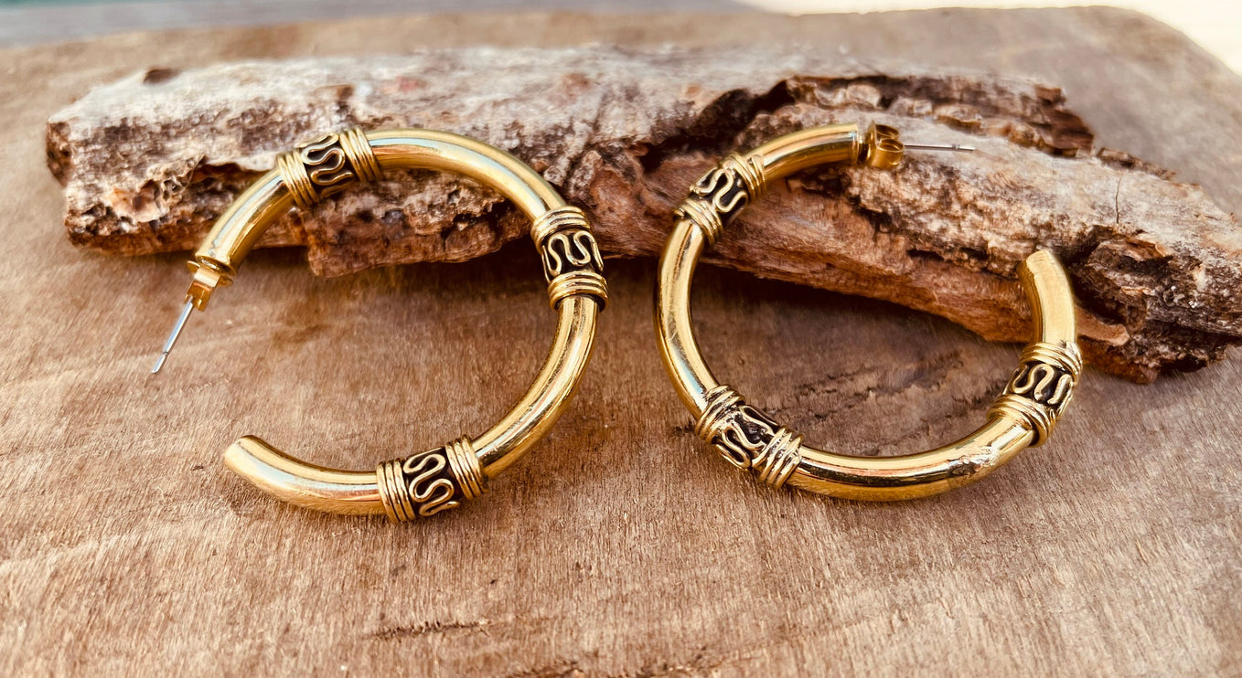 Gold Tribal Hoop Earrings / Brass / Ethnic / Rustic / Bohemian / Gold / Gypsy / Spiral / Hippie / Chunky / Festival / style