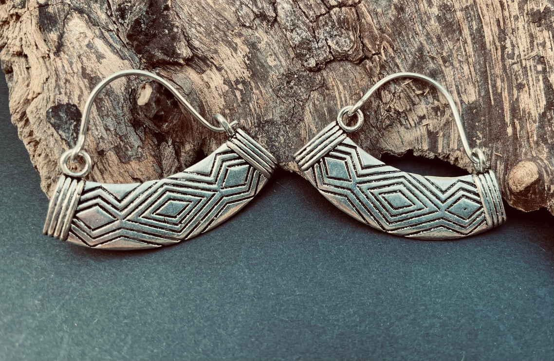 Aztec Inca Style Silver Earrings; Tunnels Ear Weights, Ethnic, Geometric, rustic, hippie, gypsy, pretty, psy, boho, bohemian, festival