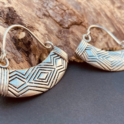 Aztec Inca Style Silver Earrings; Tunnels Ear Weights, Ethnic, Geometric, rustic, hippie, gypsy, pretty, psy, boho, bohemian, festival