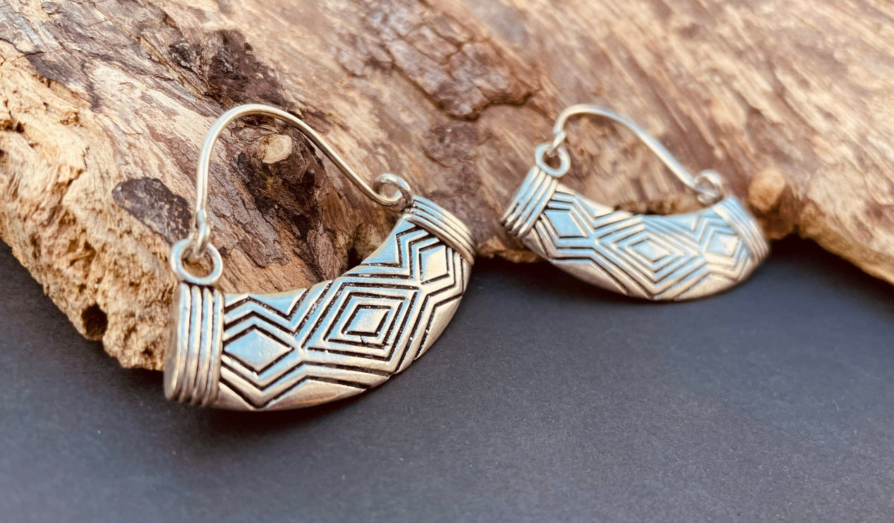 Aztec Inca Style Silver Earrings; Tunnels Ear Weights, Ethnic, Geometric, rustic, hippie, gypsy, pretty, psy, boho, bohemian, festival