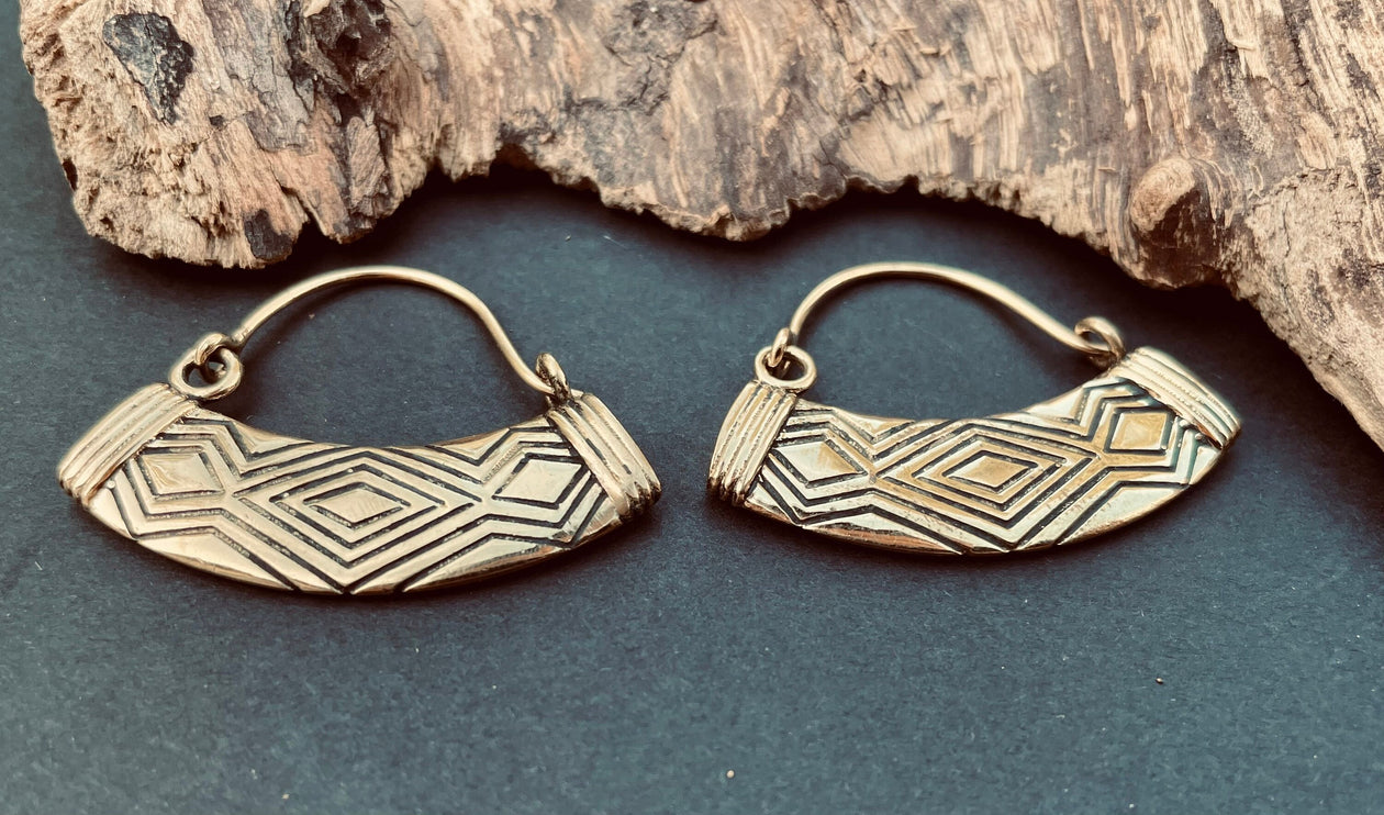 Aztec Inca Style Silver Earrings; Tunnels Ear Weights, Brass Ethnic, Geometric, rustic, hippie, gypsy, pretty, psy, boho, bohemian, festival