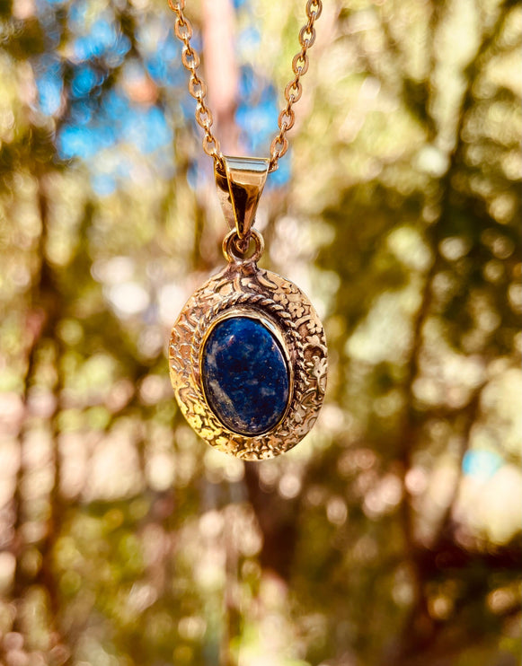 Lapis Lazuli Pendant Necklace Gold Chain / Brass / Ethnic / Hypoallergenic / Hippie / Gypsy / Rustic