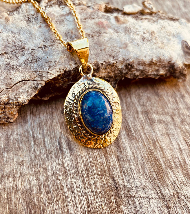 Lapis Lazuli Pendant Necklace Gold Chain / Brass / Ethnic / Hypoallergenic / Hippie / Gypsy / Rustic