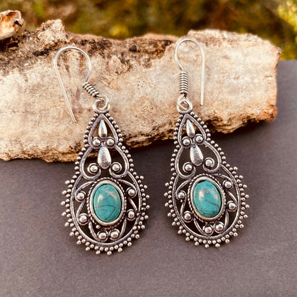 Ethnic Turquoise Silver Drop Dangle earrings / Birth Stone / Ethnic / rustic, yoga, hippie, gypsy, pretty, psy, boho, bohemian, festival