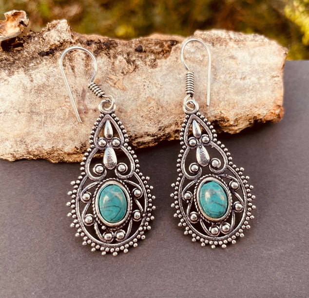 Ethnic Turquoise Silver Drop Dangle earrings / Birth Stone / Ethnic / rustic, yoga, hippie, gypsy, pretty, psy, boho, bohemian, festival