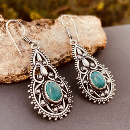 Ethnic Turquoise Silver Drop Dangle earrings / Birth Stone / Ethnic / rustic, yoga, hippie, gypsy, pretty, psy, boho, bohemian, festival