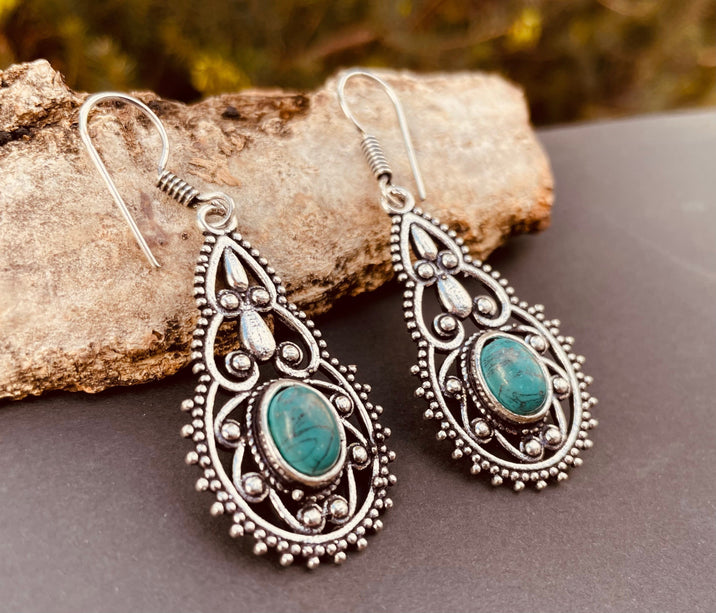 Ethnic Turquoise Silver Drop Dangle earrings / Birth Stone / Ethnic / rustic, yoga, hippie, gypsy, pretty, psy, boho, bohemian, festival
