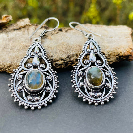 Ethnic Labradorite Silver Drop Dangle earrings / Birth Stone / Ethnic / rustic, yoga, hippie, gypsy, pretty, psy, boho, bohemian, festival