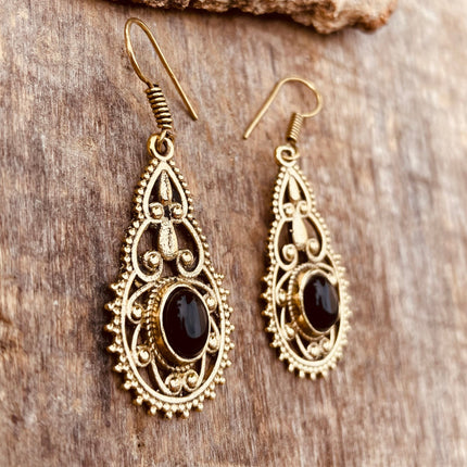 Black Onyx earrings Brass Drop Dangle earrings / Birth Stone / Ethnic / rustic, yoga, hippie, gypsy, pretty, psy, boho, bohemian, festival