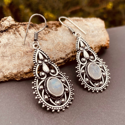 Silver Moonstone Earrings Drop Dangle earrings / Birth Stone / Ethnic / rustic, yoga, hippie, gypsy, pretty, psy, boho, bohemian, festival