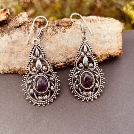 Silver Amethyst Dangle pendant earrings Ethnic, rustic, yoga, hippie, gypsy, pretty, psy, boho, bohemian, festival