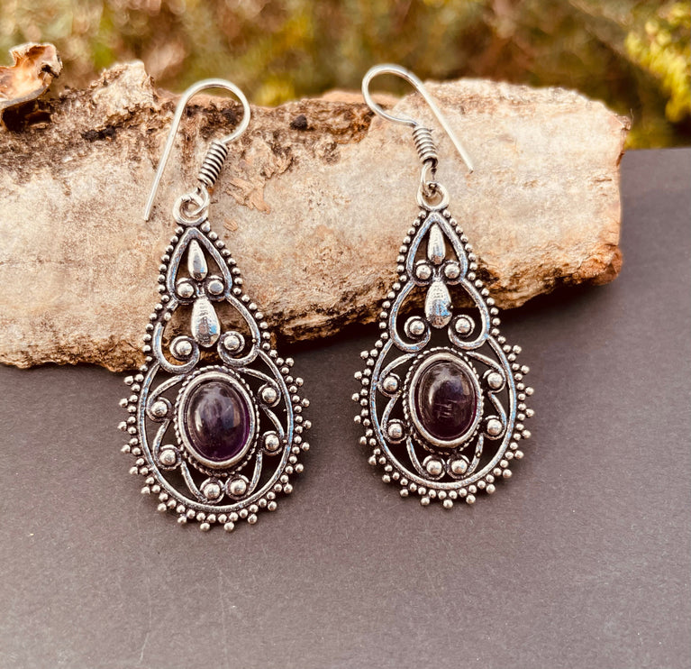 Silver Amethyst Dangle pendant earrings Ethnic, rustic, yoga, hippie, gypsy, pretty, psy, boho, bohemian, festival