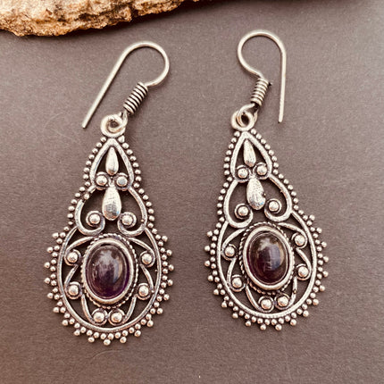 Silver Amethyst Dangle pendant earrings Ethnic, rustic, yoga, hippie, gypsy, pretty, psy, boho, bohemian, festival