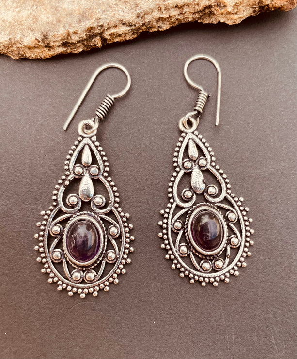 Silver Amethyst Dangle pendant earrings Ethnic, rustic, yoga, hippie, gypsy, pretty, psy, boho, bohemian, festival