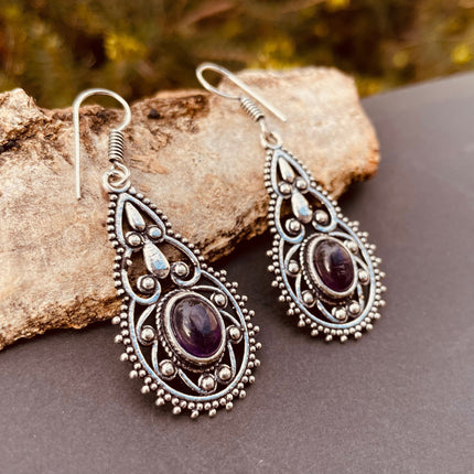 Silver Amethyst Dangle pendant earrings Ethnic, rustic, yoga, hippie, gypsy, pretty, psy, boho, bohemian, festival