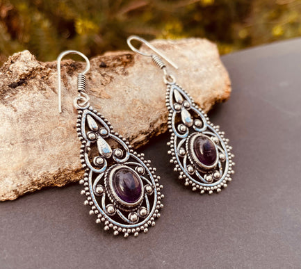 Silver Amethyst Dangle pendant earrings Ethnic, rustic, yoga, hippie, gypsy, pretty, psy, boho, bohemian, festival