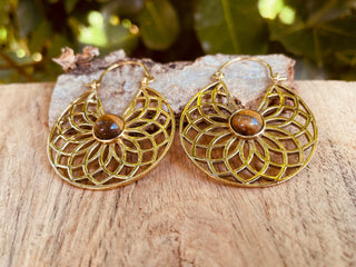 Tiger Eye & Brass Hoop Earrings Ethnic, rustic, yoga, hippie, gypsy, pretty, psy, boho, bohemian, festival