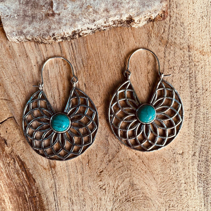 Silver Turquoise Earrings Aztec Ethnic, rustic, yoga, hippie, gypsy, pretty, psy, boho, bohemian, festival