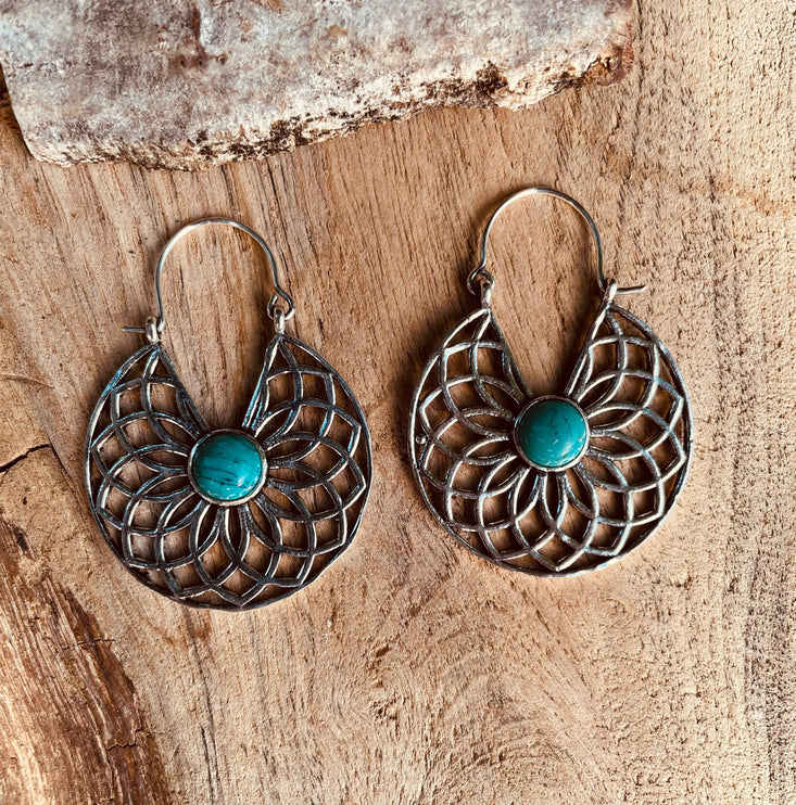 Silver Turquoise Earrings Aztec Ethnic, rustic, yoga, hippie, gypsy, pretty, psy, boho, bohemian, festival