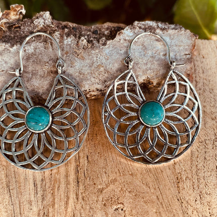 Silver Turquoise Earrings Aztec Ethnic, rustic, yoga, hippie, gypsy, pretty, psy, boho, bohemian, festival