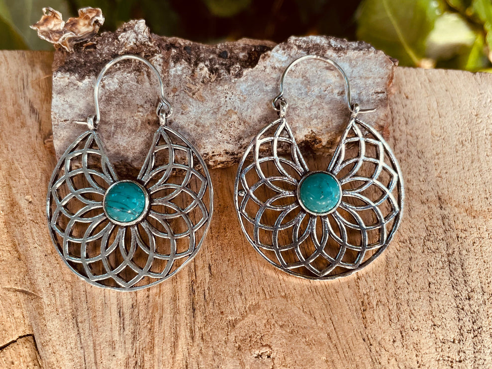 Silver Turquoise Earrings Aztec Ethnic, rustic, yoga, hippie, gypsy, pretty, psy, boho, bohemian, festival