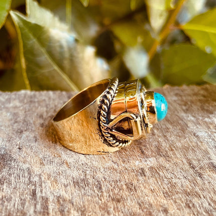 Gold Poison Ring / Brass & Turquoise / Alchemy / Locket Ring / Boho / Bohemian / Rustic / Tribal / Gypsy / Festival / Healing / Festival