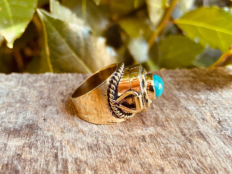 Gold Poison Ring / Brass & Turquoise / Alchemy / Locket Ring / Boho / Bohemian / Rustic / Tribal / Gypsy / Festival / Healing / Festival