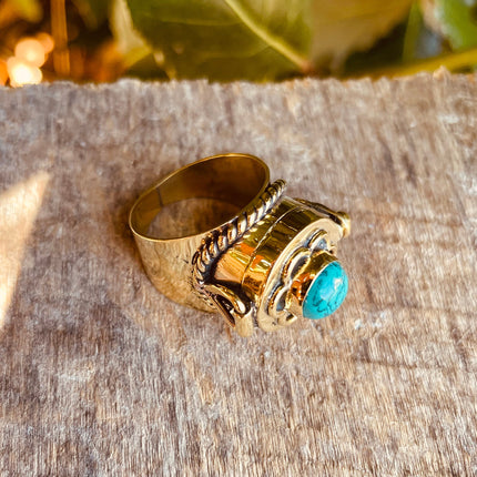 Gold Poison Ring / Brass & Turquoise / Alchemy / Locket Ring / Boho / Bohemian / Rustic / Tribal / Gypsy / Festival / Healing / Festival