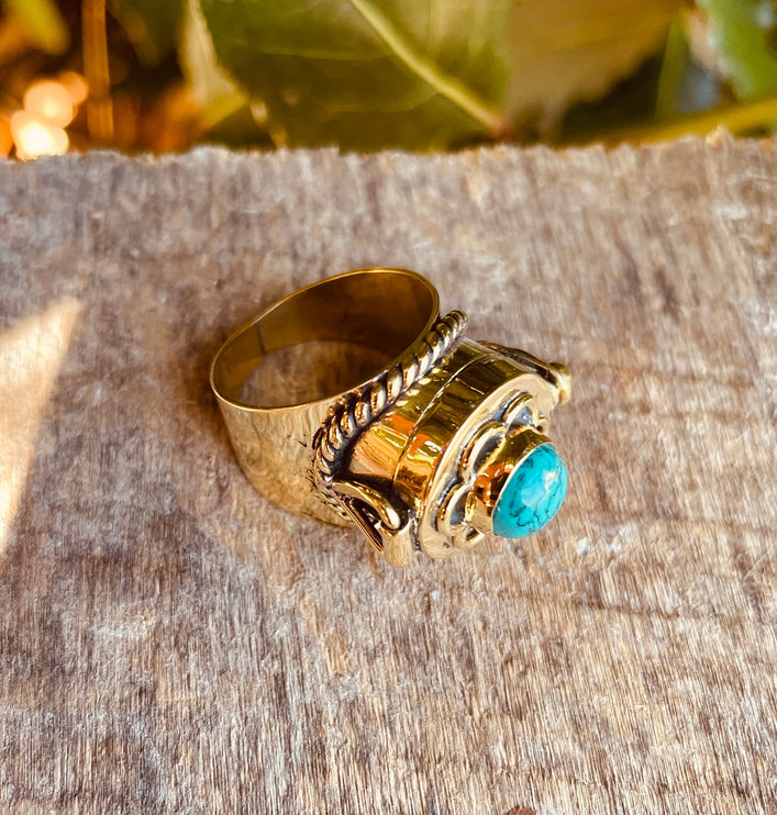 Gold Poison Ring / Brass & Turquoise / Alchemy / Locket Ring / Boho / Bohemian / Rustic / Tribal / Gypsy / Festival / Healing / Festival