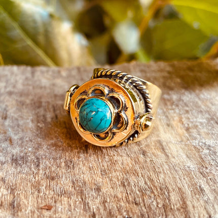 Gold Poison Ring / Brass & Turquoise / Alchemy / Locket Ring / Boho / Bohemian / Rustic / Tribal / Gypsy / Festival / Healing / Festival